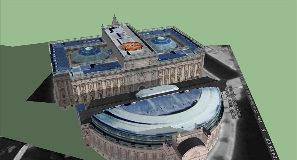 Wheelchair on top of a pizza on top of the Swedish parliment accompanied by two identical potted plants 1/3