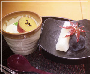 水菓もうれしい、さつまいもプリン。梨も葡萄も甘かった。