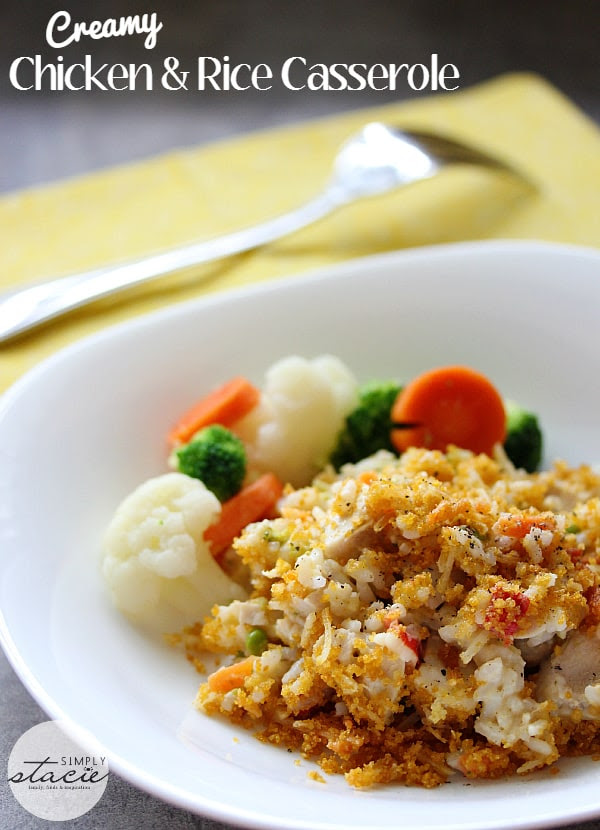 Creamy Chicken & Rice Casserole- a delicious way to get dinner on the table quickly! My family loves this recipe.