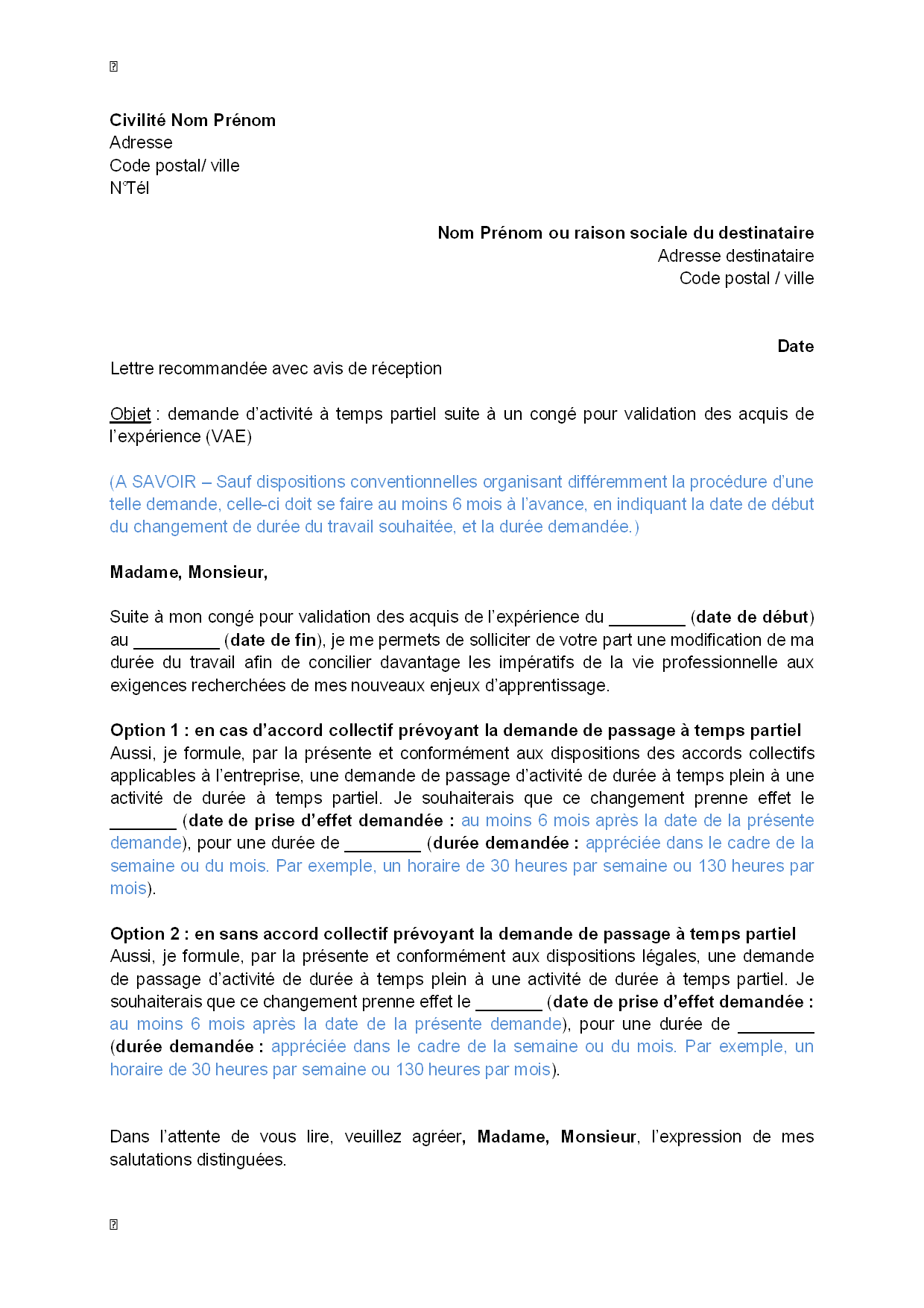 Exemple gratuit de Lettre demande, par salarié, activité à 