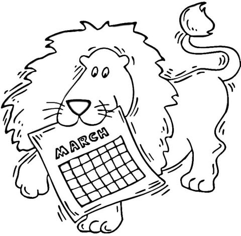 3月のカレンダーをくわえるライオン ぬりえ