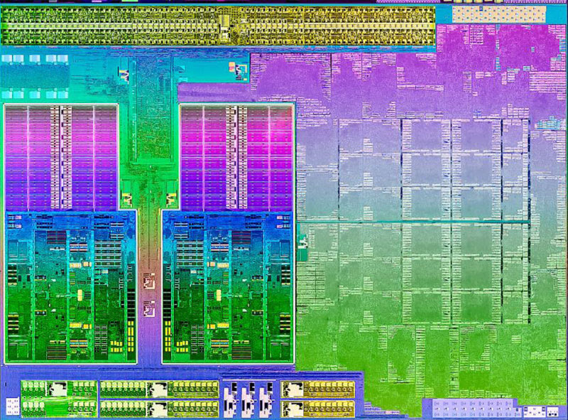 AMD Trinity APU die shot. Piledriver modules and caches are on the left.