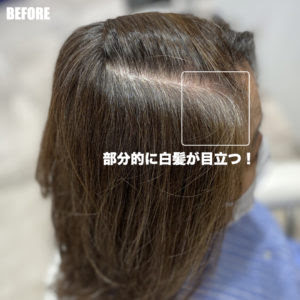 サクッとキレイな白髪染め 追いブラウン でこめかみの集中白髪も褪色知らず 本音に応えて 寄り添う ヘアカラー