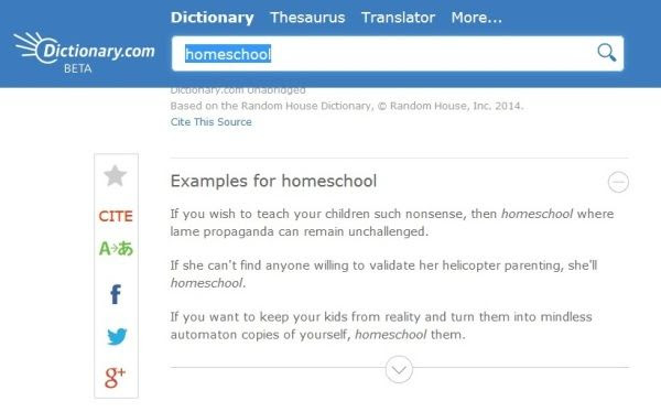 Screenshot of Dictionary.com entry for "homeschool"