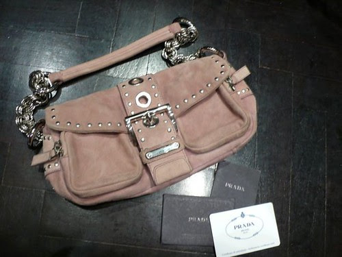 pink suede clutch bag. Prada pink suede amp; silver