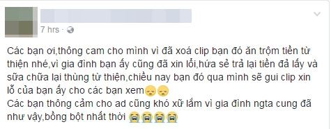Phía nhà hàng có hòm từ thiện lên tiếng. Ảnh chụp màn hình.