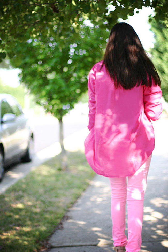 Neon Pink Skinny Jeans, Sequin vintage blouse, Fashion outfit, Ray ban aviators