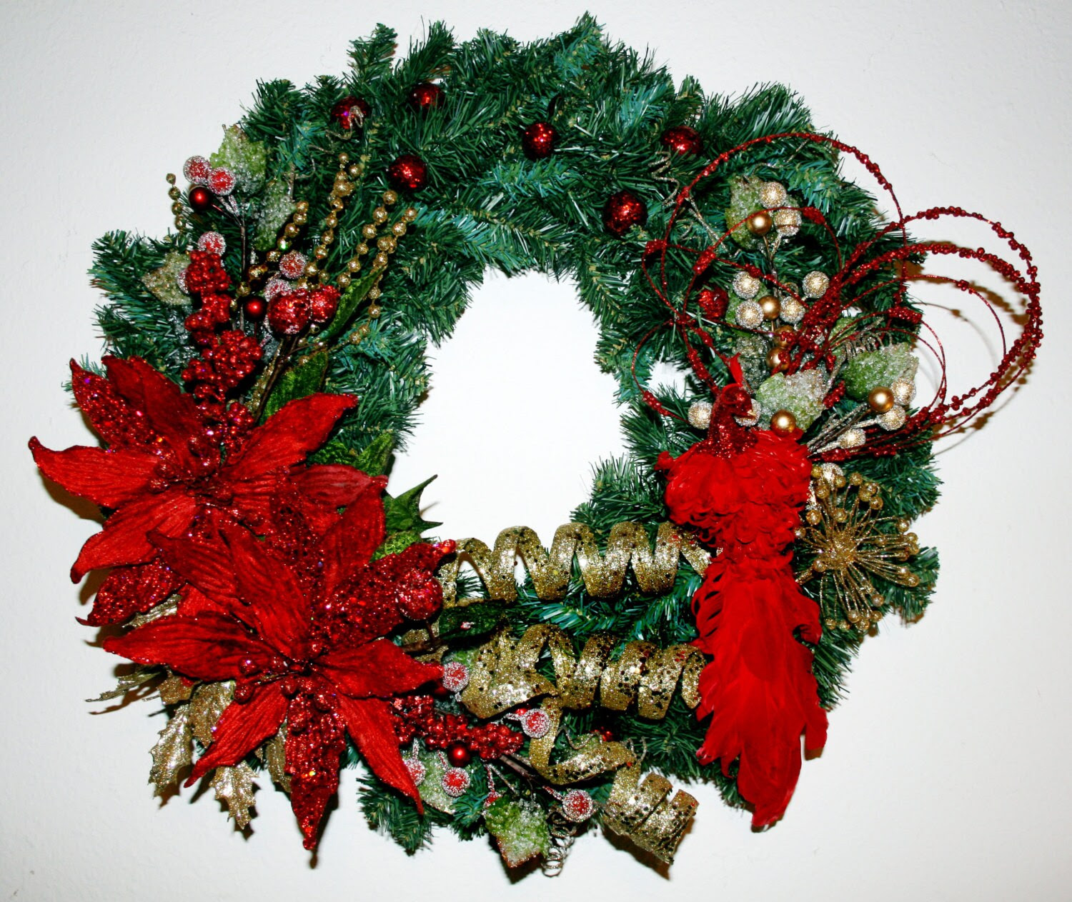 Red and Gold Peacock Christmas Wreath