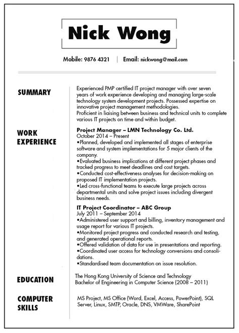 resume cv sample   project manager jobsdb hong kong