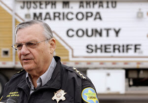 Maricopa  County Sheriff Joe Arpaio talks during a news  conference before a protest march against the sheriff and his policies on Jan. 16, 2010, in Phoenix.