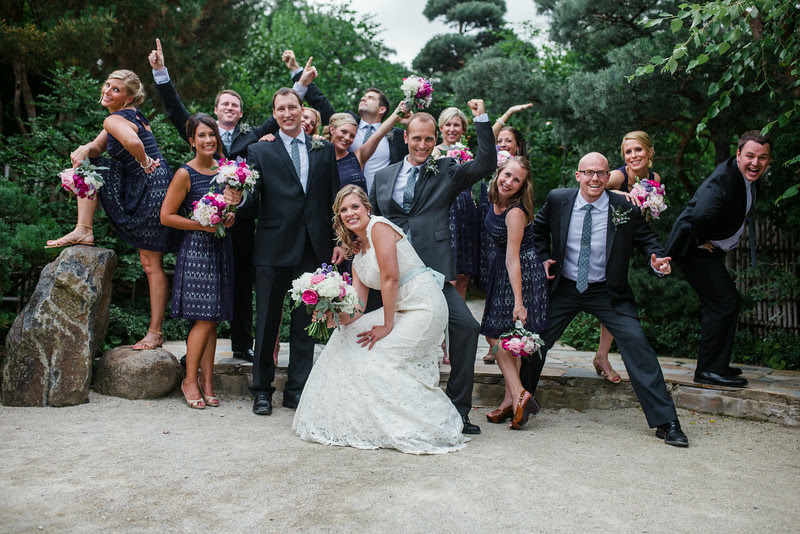 Bridal Party and Family formals taken outdoors at Anderson Japanese Gardens in Rockford IL which was followed by a reception at Prairie Street Brewhouse