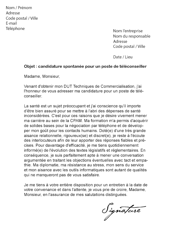 Lettre de motivation CPAM (Téléconseiller) - Modèle de Lettre