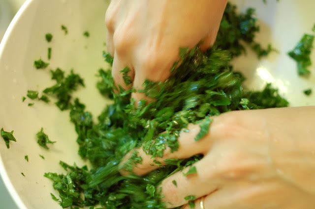 Massaging the sh#t out of some kale by Eve Fox, the Garden of Eating blog, copyright 2013