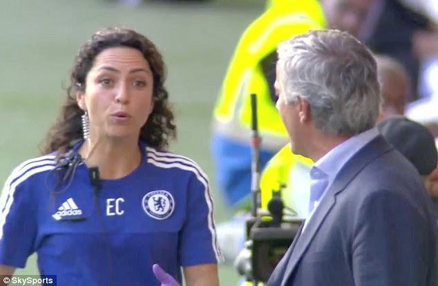 Jose Mourinho and Eva Carneiro share an exchange of views on the Stamford Bridge touchline