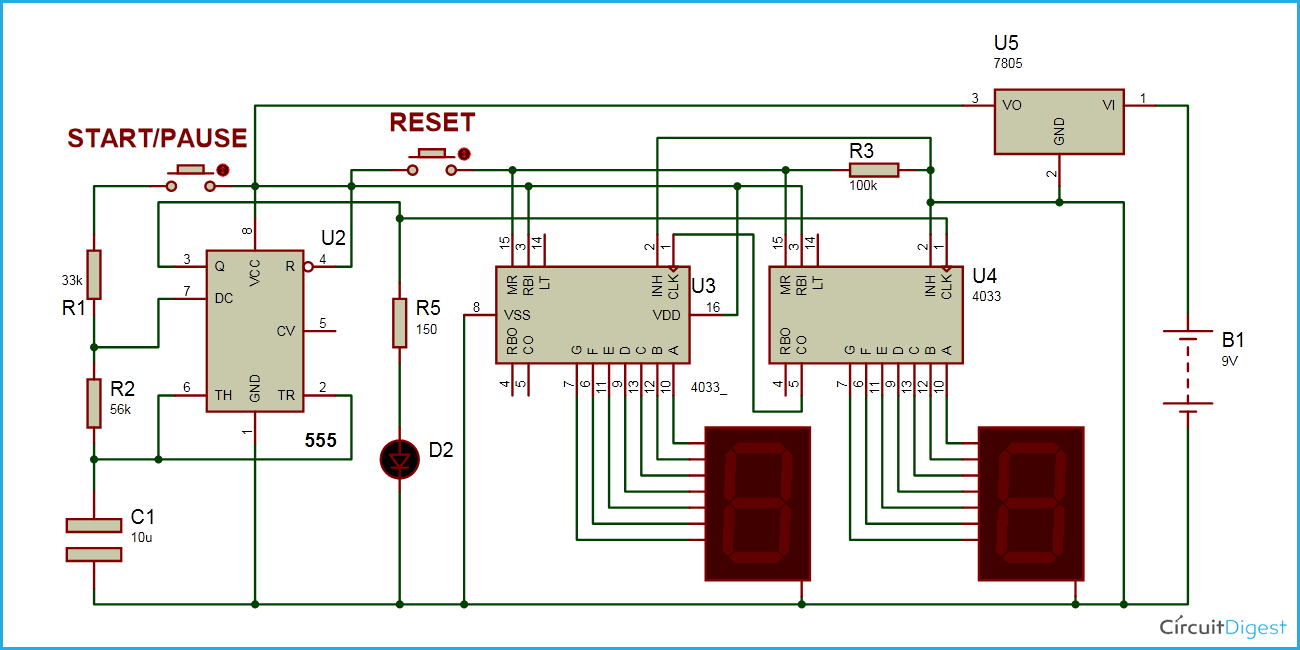 Simple Digital Stopwatch Circuit Diagram Using 555 Timer Ic Cd 4033