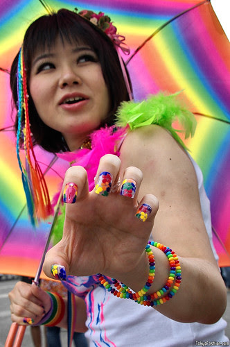 Japanese Girl nail art with colorful flowers nail design