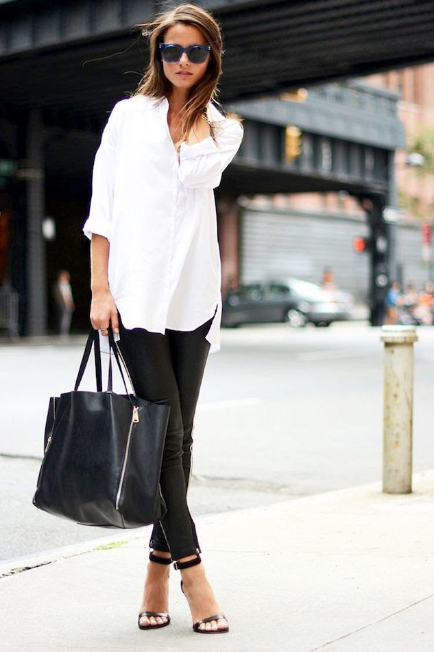 Le Fashion Blog Casual Chic Black And White Look Blue Sunglasses Oversized Button Down Shirt Leather Pants Tote Sandals Via Fashion Vibe -- Shopbop Sale Discount Code