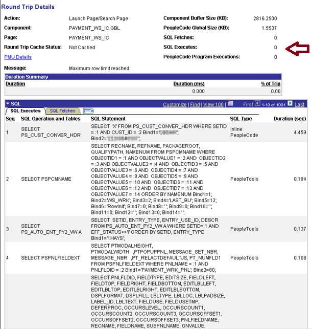 Figure 3: Details of longest PMU with PeopleTools SQL