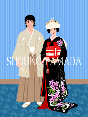 結婚式 和装の新郎新婦 角隠しの花嫁 ウエディング ブライダル 人物イラスト素材