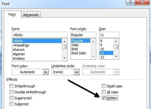 font hidden word