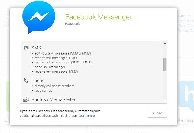 Users have been left annoyed and outraged at the changes, and have flocked to app stores to complain. Experts have also raised concerns about the vast number of permissions the app asks for on the Android versions (pictured). These give Facebook access to send texts, make calls , access USB storage and more 
