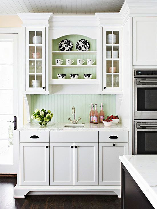 Line the back of shelves or a backsplash with beaded board to add cottage style texture. So pretty!