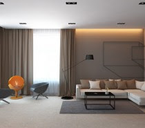 The third space is nearly unrecognizable as being from the same designer. In contrast to the previous two homes, this space is sleekly modern. Still, you can see a bit of whimsy poking through, like in the bright orange fire feature and creative wall art. Otherwise, this space is plainer, with lots of clean, simple lines in the kitchen as well as the bedroom and lacks those same pops of color and light.