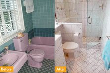 A dated bathtub was replaced by a shower