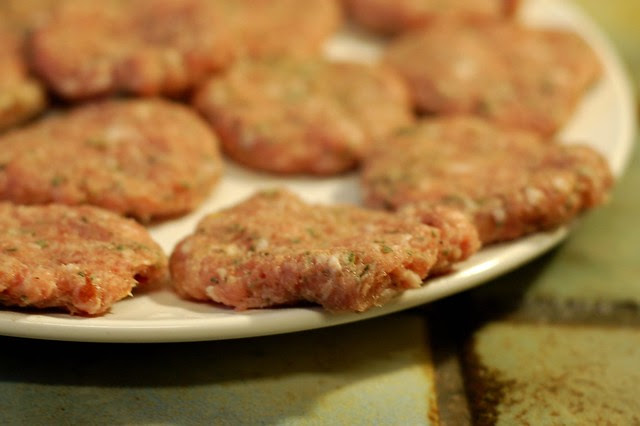 Homemade breakfast sausage patties waiting for the skillet by Eve Fox, Garden of Eating blog, copyright 2010