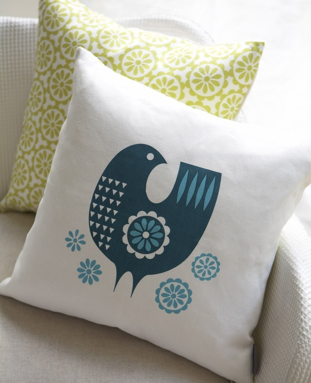 Daisy bird cushion in teal on white linen