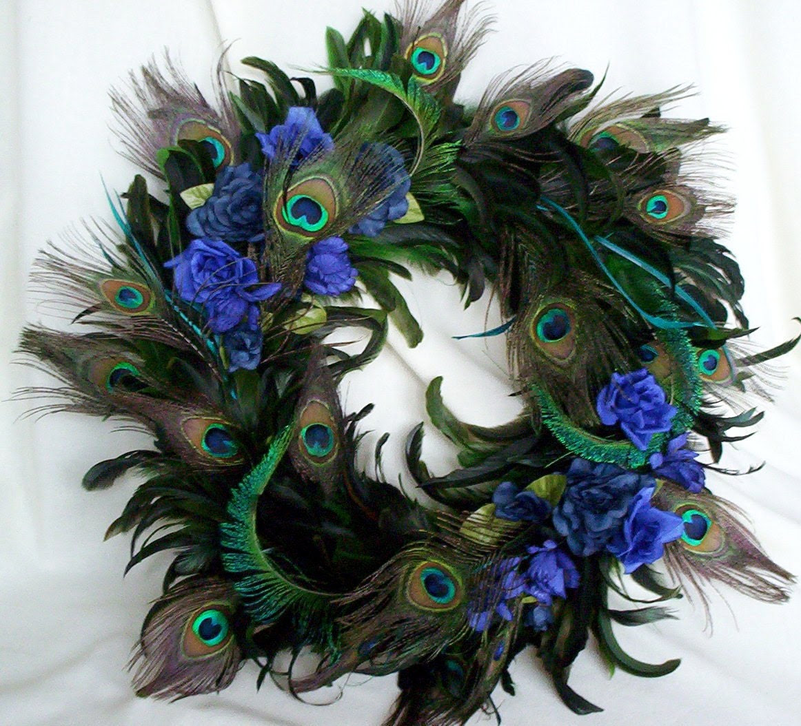 Peacock Feather Wreath Teal Royal Blue Home Decor by amorevivo Peacock Feather Wreath Teal Royal Blue Home Decor by amorevivo