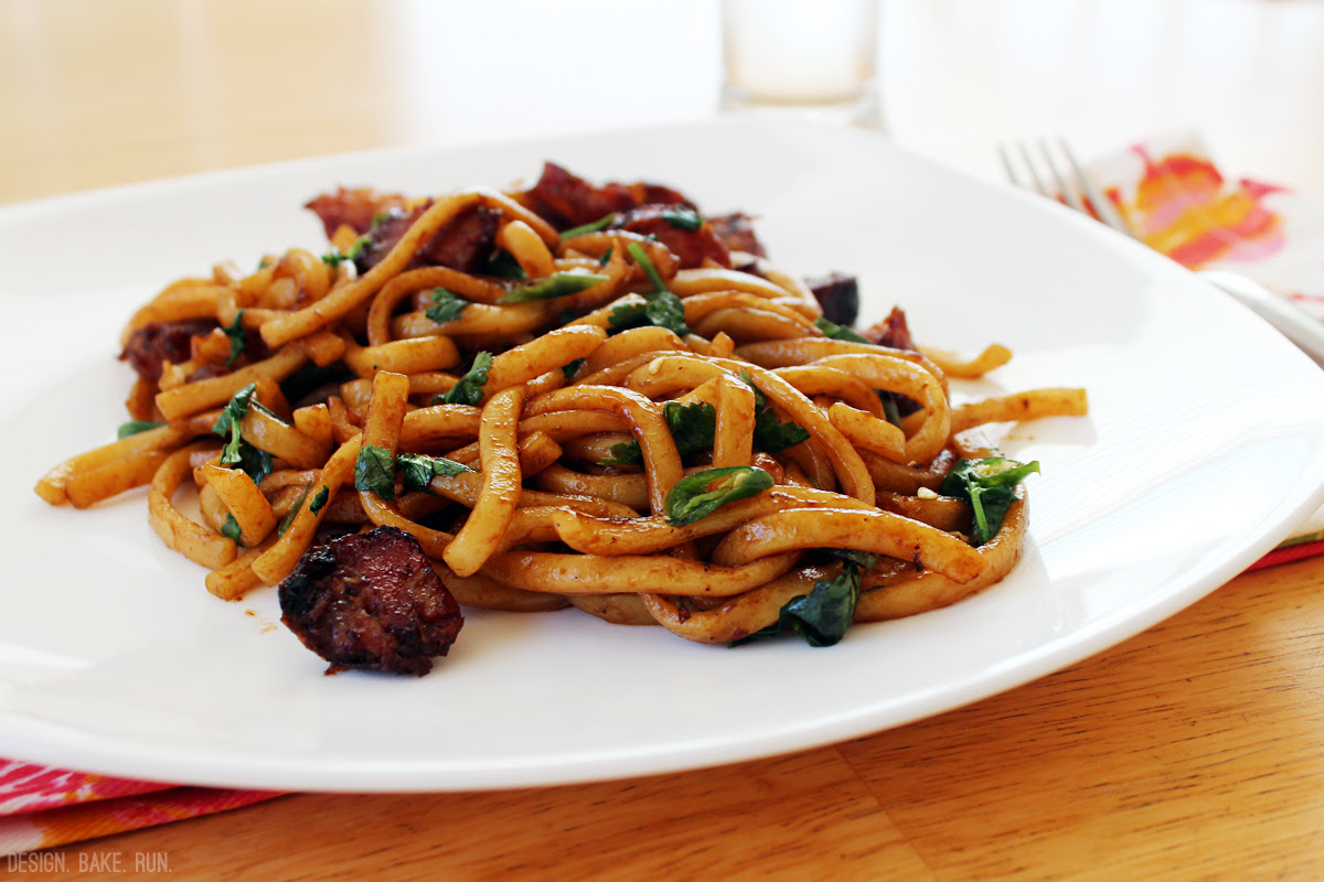 Udon Noodles Stir-Fry with Pork Sausage via design. bake. run.