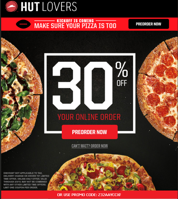Pizza Hut: 30% off online orders with code Z32AAYCCXF ...