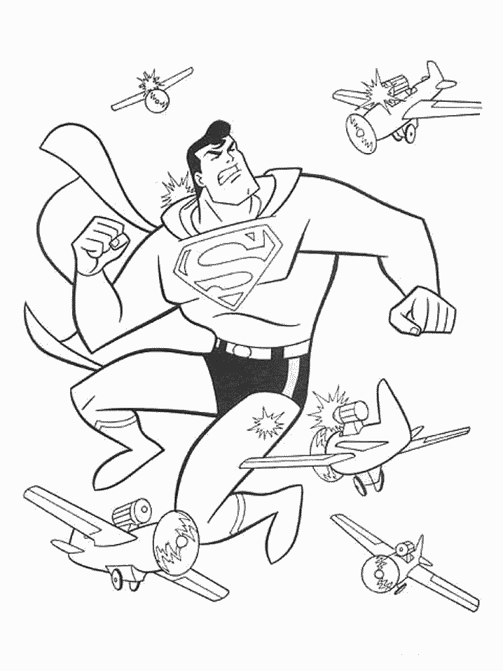 Coloring pages of Superman fighting off a fleet of airplanes attacking him.