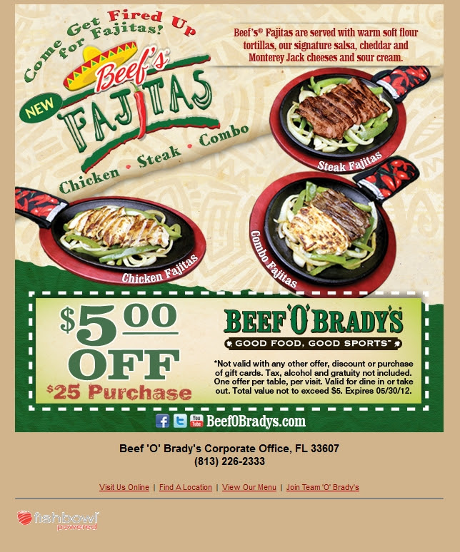 Beef'O'Bradys: $5 off $25 Printable Coupon