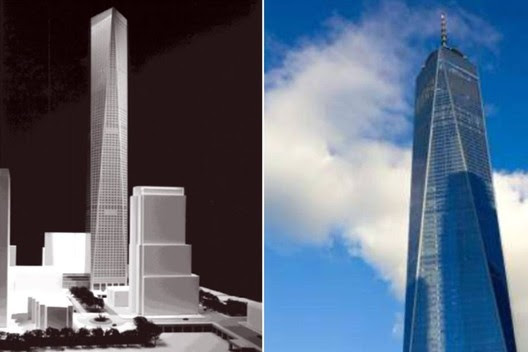 Park's Cityfront '99 design (left) compared to One World Trade Center (right). Image via 6sqft