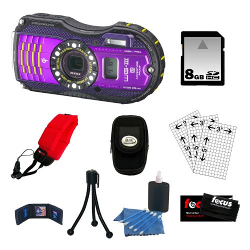 Pentax WG-3 GPS 16MP Waterproof Digital Camera (Purple) + 8GB SD Card + Foam Strap + Accessories On Sale
