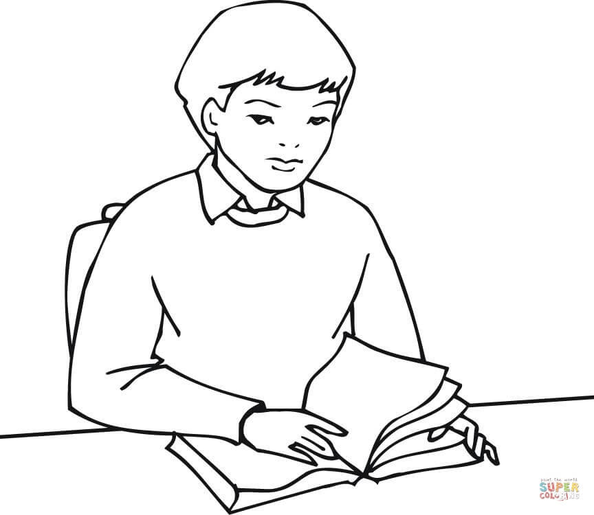 A Boy Student Reading A Book Coloring Page Free Printable Coloring Pages
