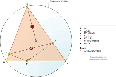 Online Math: Geometry Problem 1055: Triangle, Altitude, Perpendicular, Area, Circumradius, Circle.