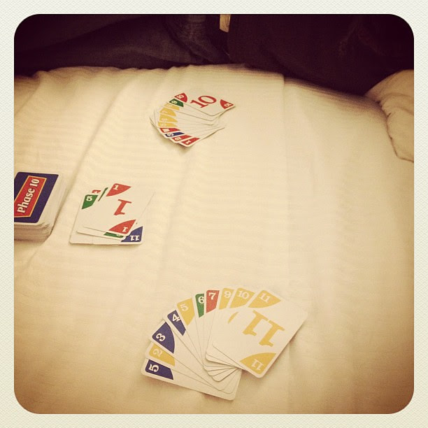 Playing Phase 10. Too bad Collin went out and all I needed was an 8. =/