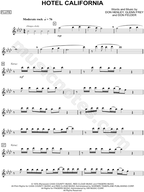 The Eagles "Hotel California - Flute" Sheet Music (Flute Solo) in F