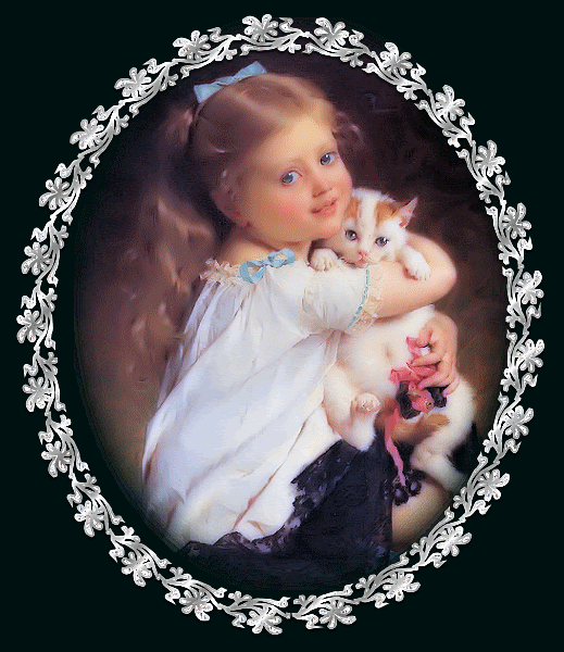 Fillette tenant son chat sur ses genoux...