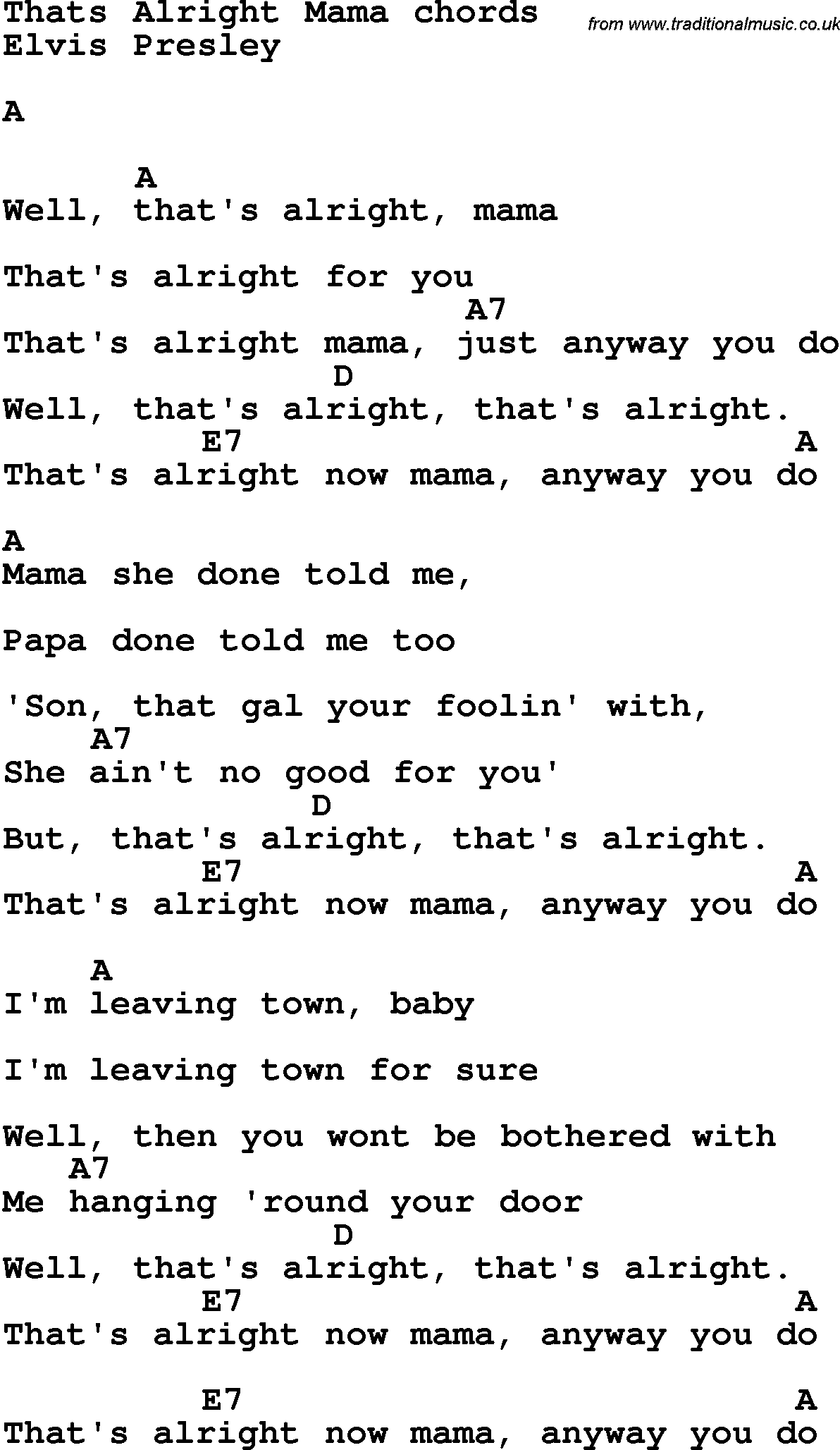 Song Lyrics With Guitar Chords For That S Alright Mama