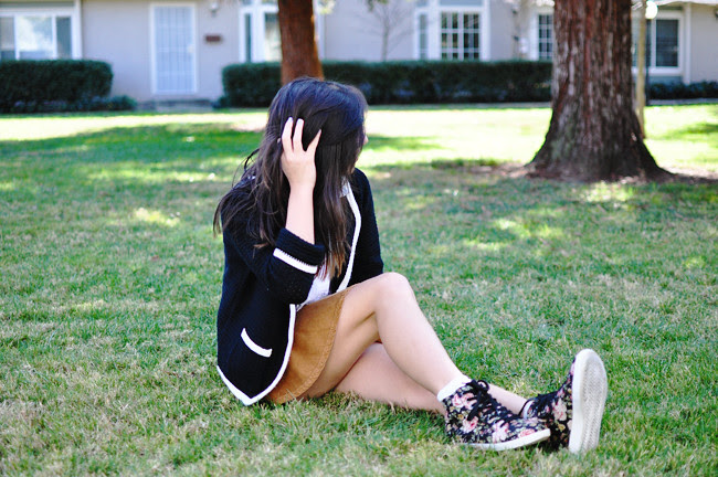 A California-based personal style blog: knitted F21 blazer, H&M light denim vest, American Apparel sleeveless lawn crop button-up, American Apparel camel corduroy circle skirt,  H&M ankle socks, F21 floral sneakers