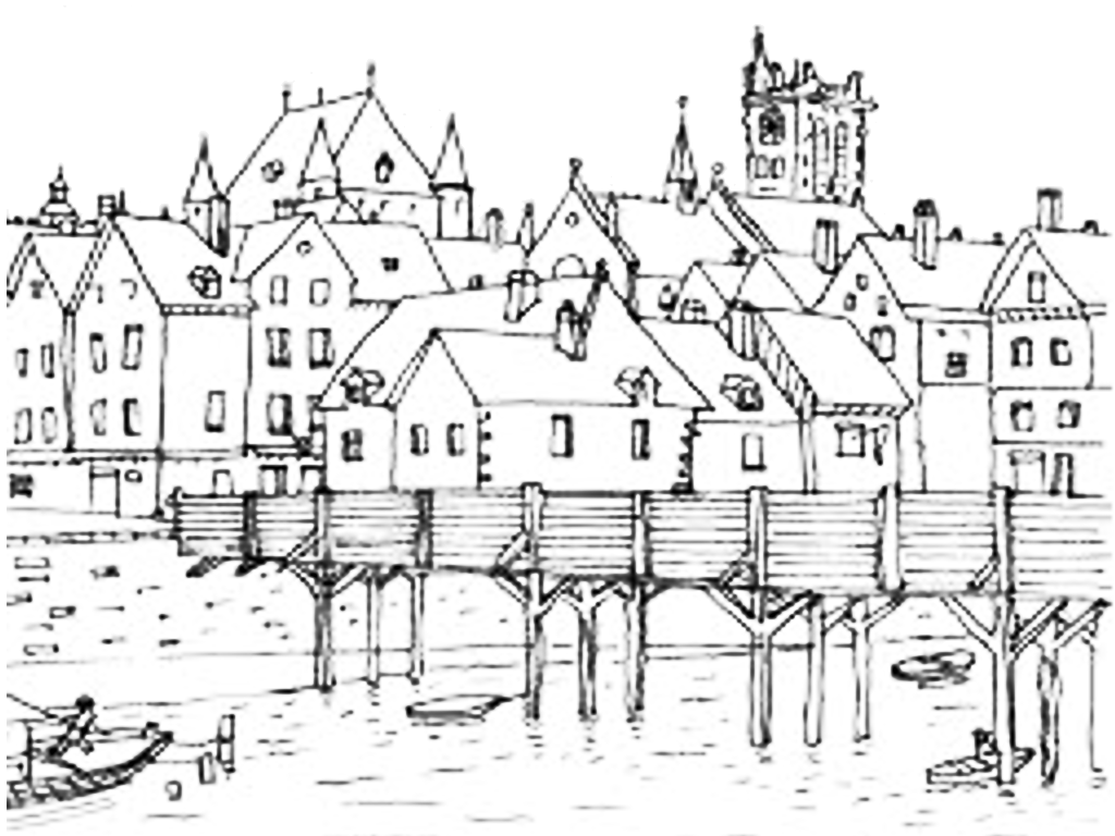 Il primo disegno ¨ decisamente elaborato si tratta di un gruppo di case sulla riva del fiume Sotto un grande ponte in legno alcuni pescatori sperano che