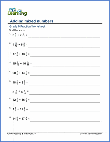 Grade 6 math worksheet - Fractions: adding mixed numbers | K5 Learning