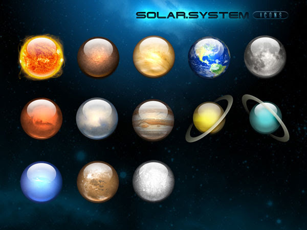 フリー素材 太陽系の星をモチーフにしたアイコンセット 太陽や地球など水晶のような光沢感のあるデザイン