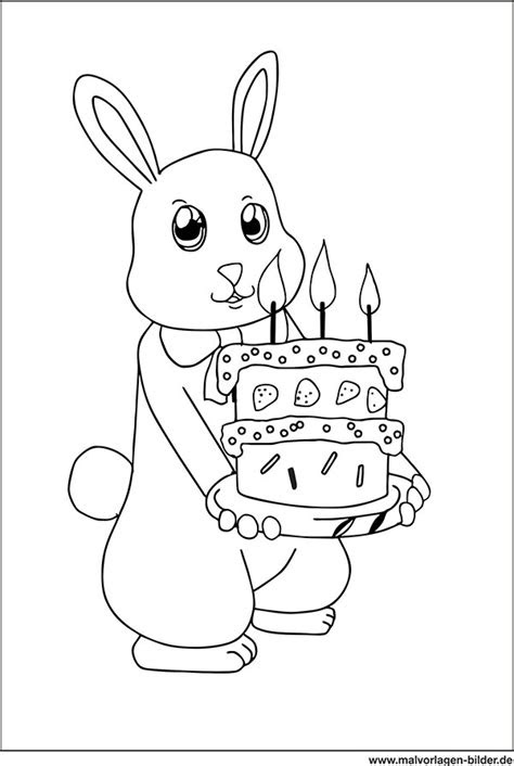ausmalbild hase mit geburtstagstorte