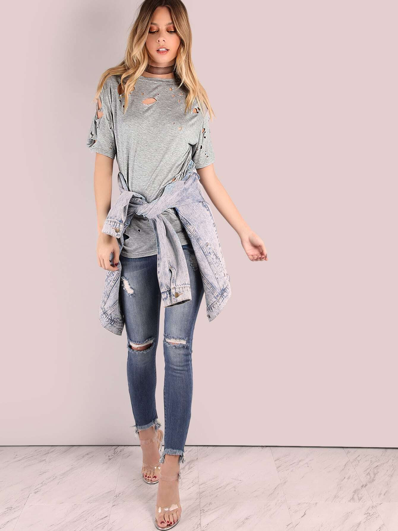 Download Heather Grey Short Sleeve Distressed T-shirt -SheIn(Sheinside)