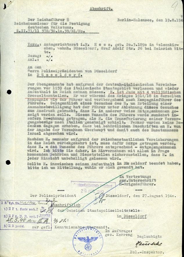 The letter which was sent by Heinrich Himmler, reichsführer of the SS and overlord of the death camps, dated 27 August 1940, granting Hess 'relief and protection as per the Führer¿s wishes'